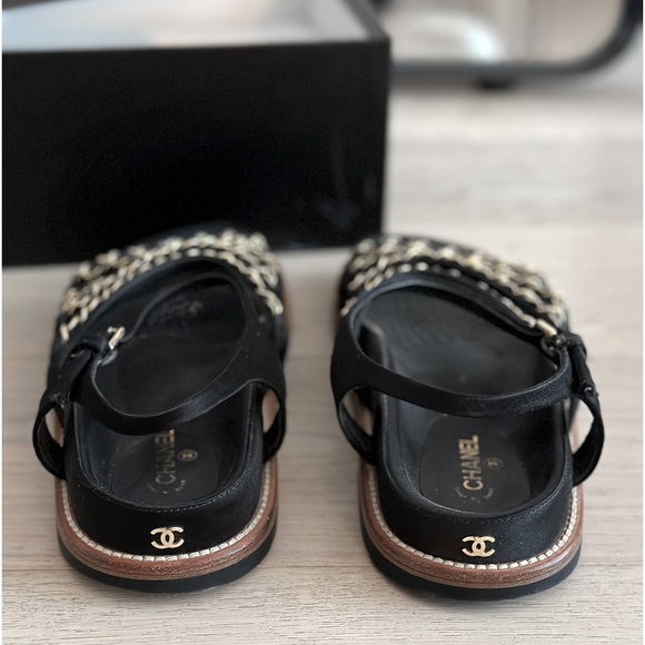 Chanel Black Satin and Goldtone Chain Flat Sandals - Picture 4 of 4